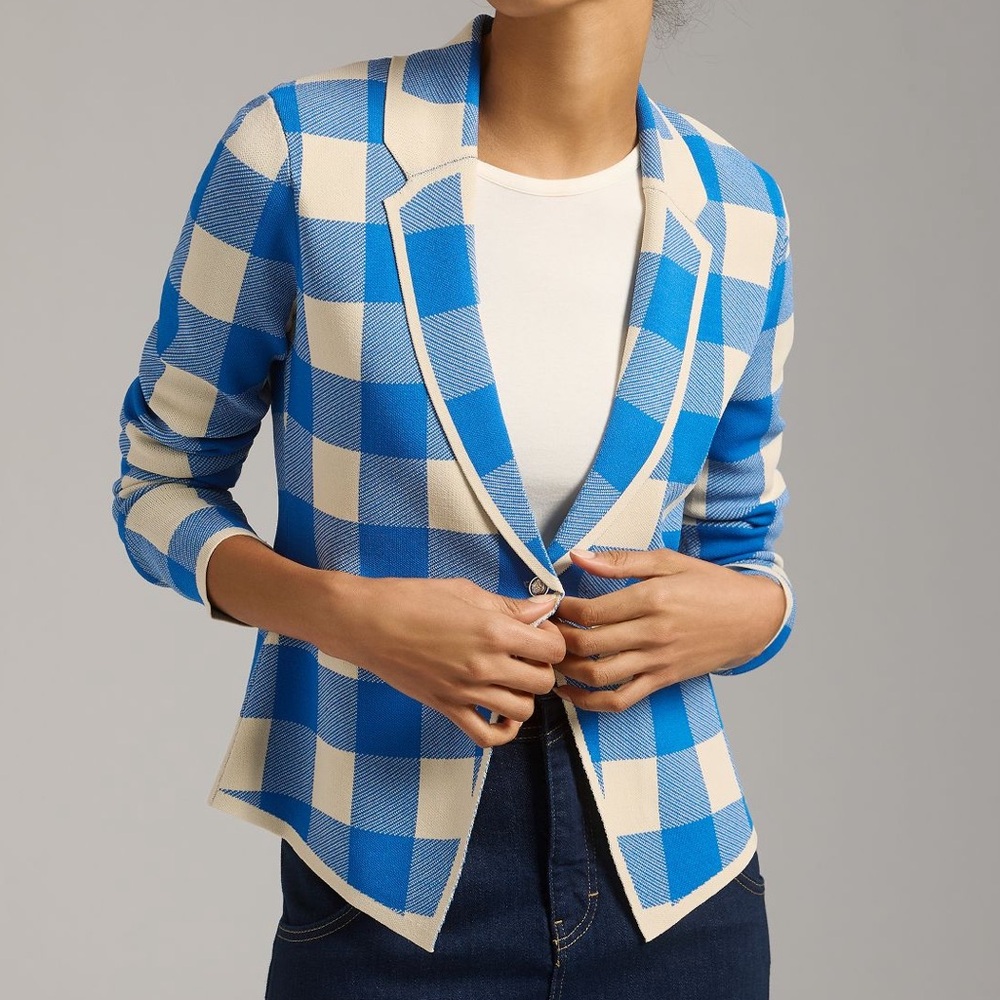 Anthropologie Blue Plaid Knit Blazer Career Jacket Size M